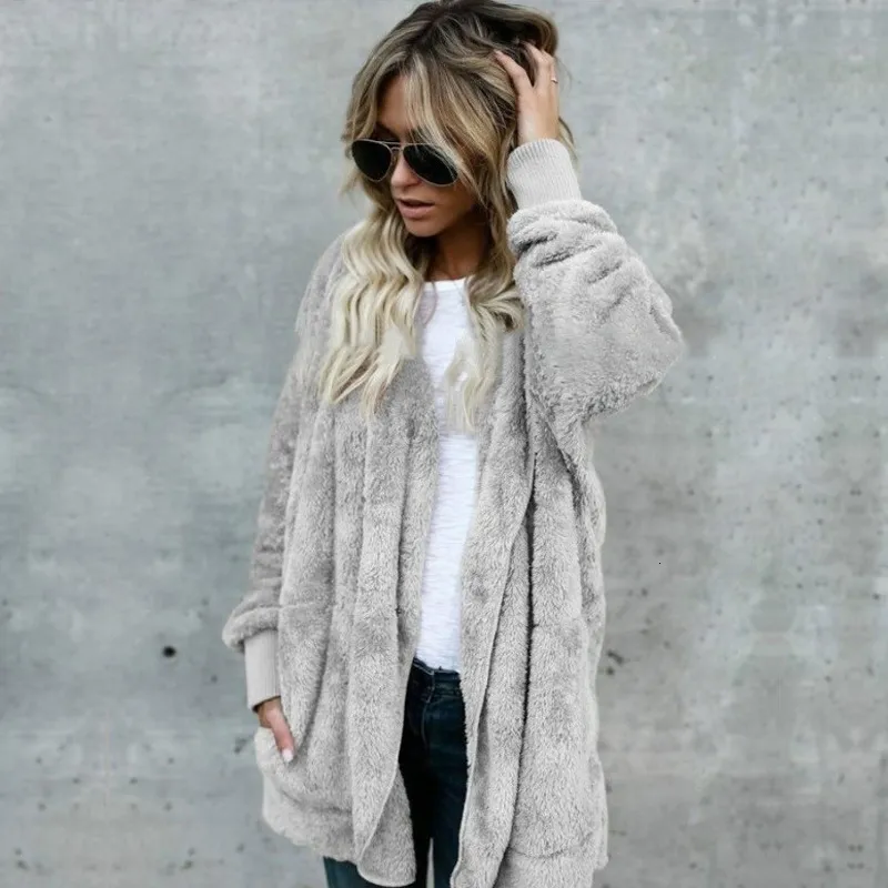 Inverno quente lã mistura longa pele solta casaco com bolsos manteau femme mulheres casual sólido outwear EZ * lj201109