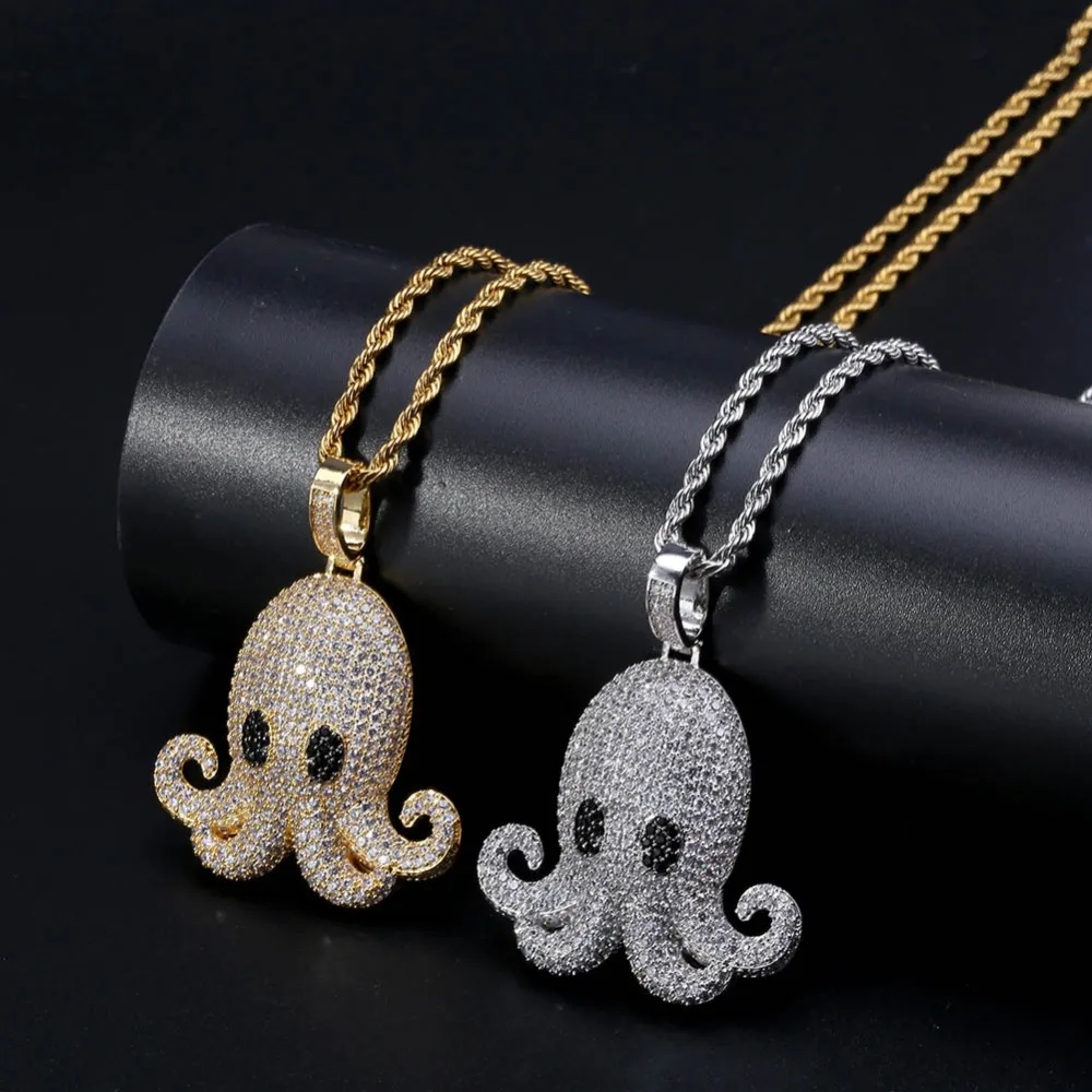 Micro Pave Zircon Animal Iced Out Octopus Pendant Halsband med repkedja män kvinnor hiphop smycken2838