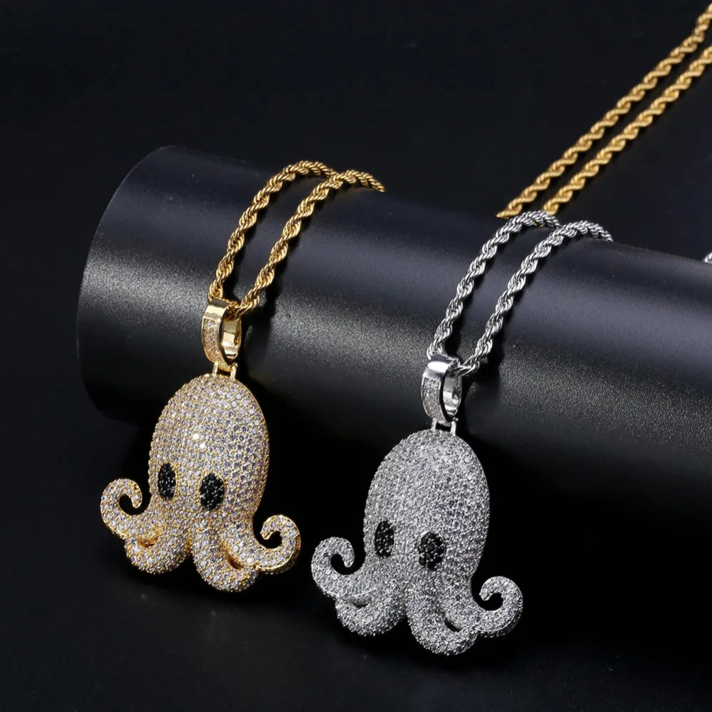 Micro Pave Zirkon Tier Iced Out Octopus Anhänger Halskette mit Seil Kette Männer Frauen Hip Hop Schmuck2838