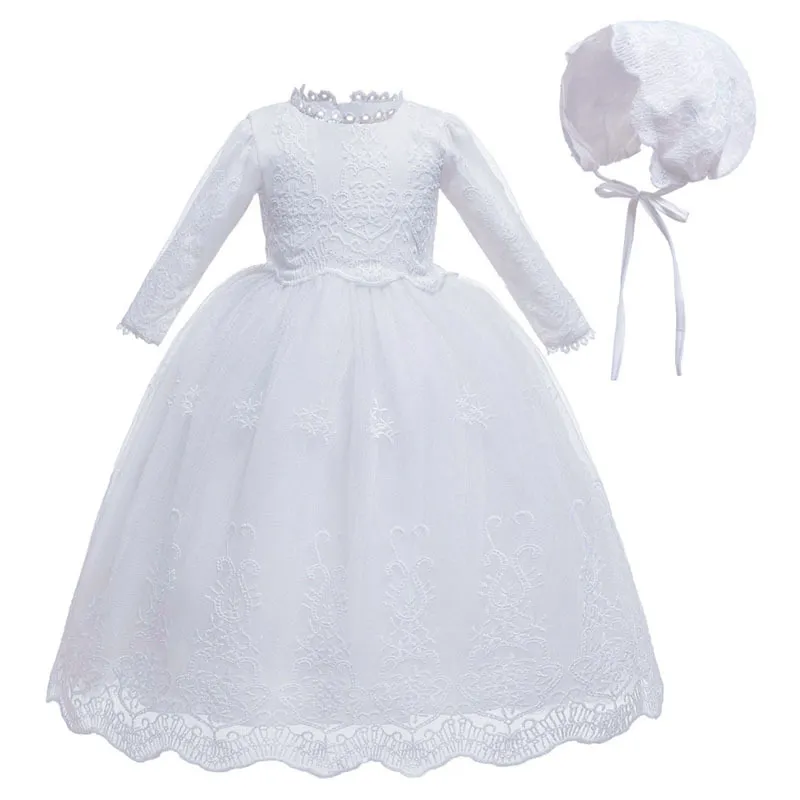 Baby Mädchen Weißes Taufkleid Bebe Langarm Geburtstag Stickerei Vintage Kleid Mesh Taufkleid mit Hut für Neugeborene 12M F1130