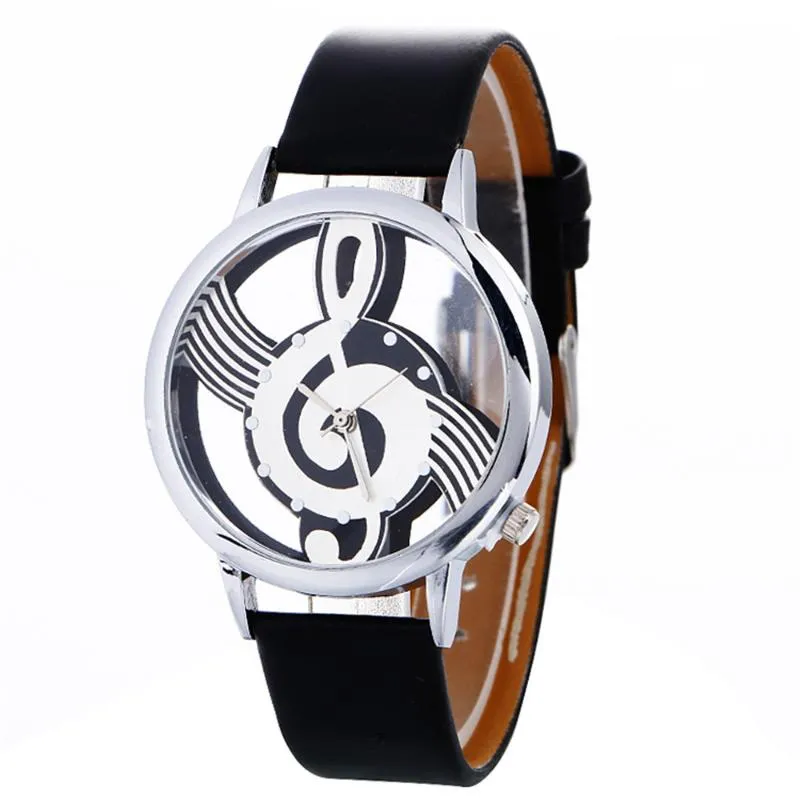 Armbanduhren Damen-Armbanduhren, einfach, lässig, Gravur, hohl, stilvoll, Musiknote, bemaltes Lederarmband, Uhren1292q
