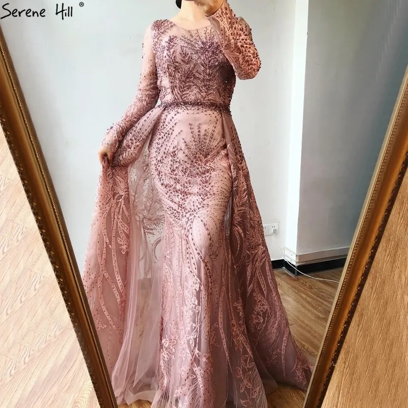 Serene Hill musulman rose longue sirène avec train robes de soirée de luxe robes pour femme fête robe formelle 2021 LJ201124