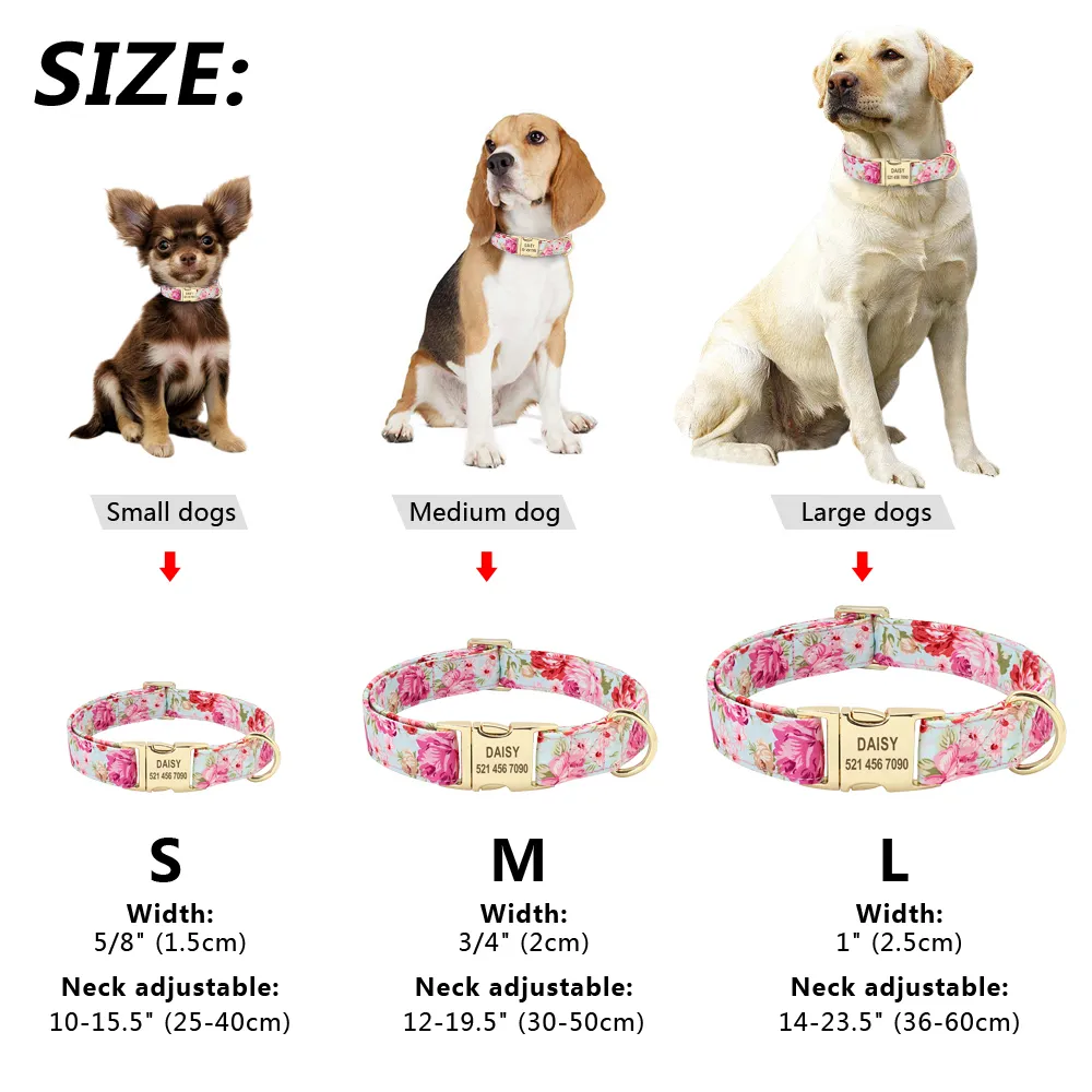 Персонализированные воротнички для собак нейлоновые воротники модные цветочные печатные идентификационные идентификаторы PET Индивидуальная табличка для средней большой S Y200917