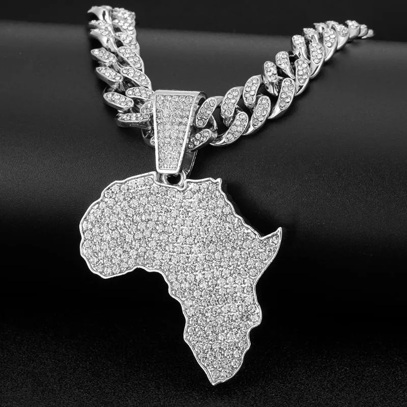 Collier pendentif carte de l'afrique en cristal pour femmes et hommes, accessoires Hip Hop, bijoux, ras du cou, chaîne à maillons cubains, cadeau 188D