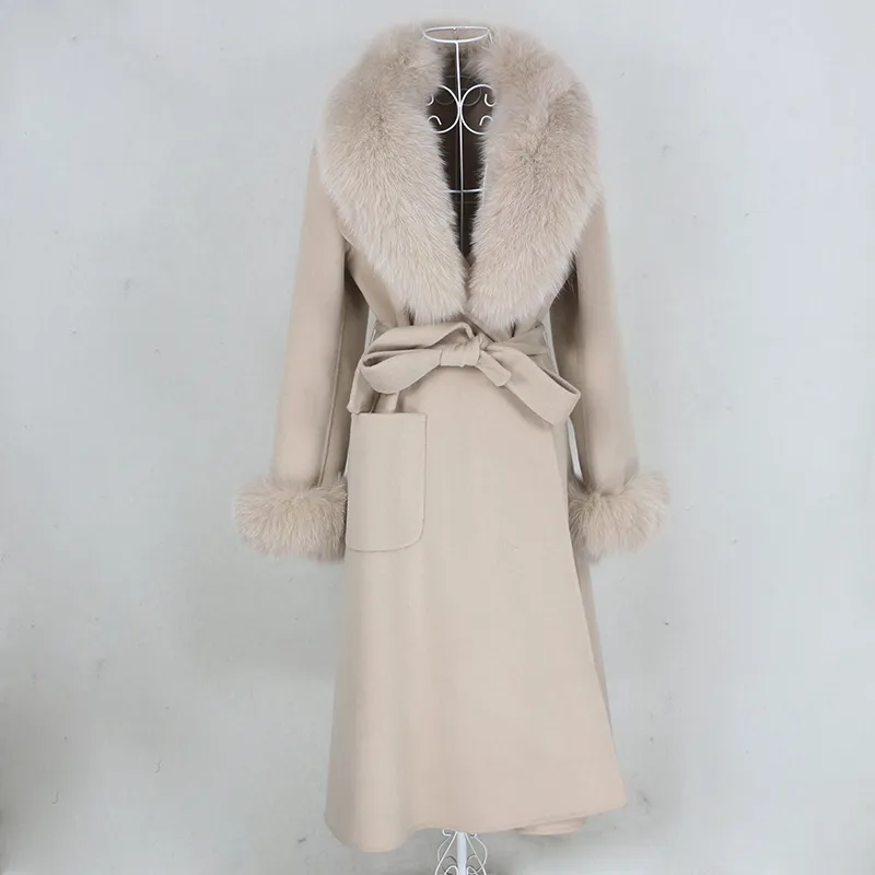 OFTBUY Neue Xlong Kaschmir Wolle Mischungen Echt Pelzmantel Gürtel Winter Jacke Frauen Natürlichen Fuchs Pelz Kragen und Manschetten Streetwear 2011126229284