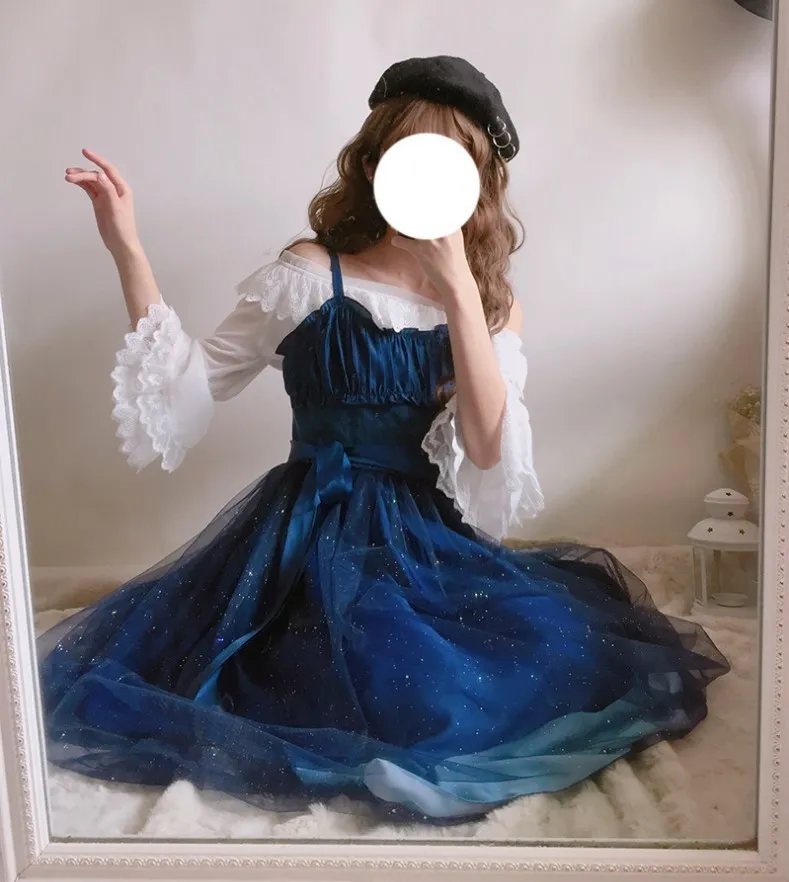 Stary Sky Gradient Blue Vestido de tirantes de verano para mujer Velo de doble capa Fairy Kei Lolita Dress Camisa blanca interior T19053101