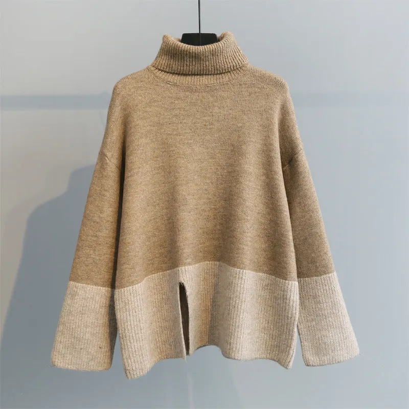 [DEAT] Female Pullover Sweater Full Sleeve Turtleneck Split Hit Color Over Size Autumn Fashion Wild Women's Clothing AM292 201130