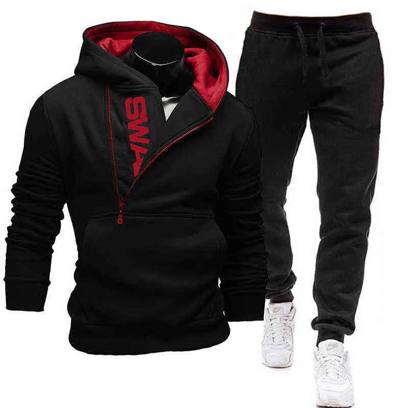 Men Tracksuit Casual Sets Zipper Sweatshirt Hooded+Sweatpants Print Sportswear Mens Clothes Solid Jogger Sport Suit 4XL 211230