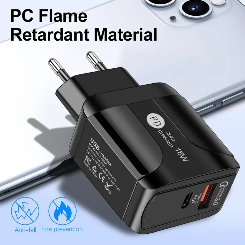 USB PD 18W ricarica rapida 3A QC 3.0 Caricabatterie telefoni cellulari Uscite USB tipo C Adattatore di alimentazione 2 in 1 adatto presa EU US UK