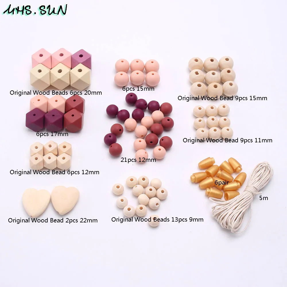 MHS SUN Silicone Teether Beads Set Making Necklace Pacifier Clip Kits Box Original Wood Beads Kids DIY Teething Jewelry Toy 200930296x