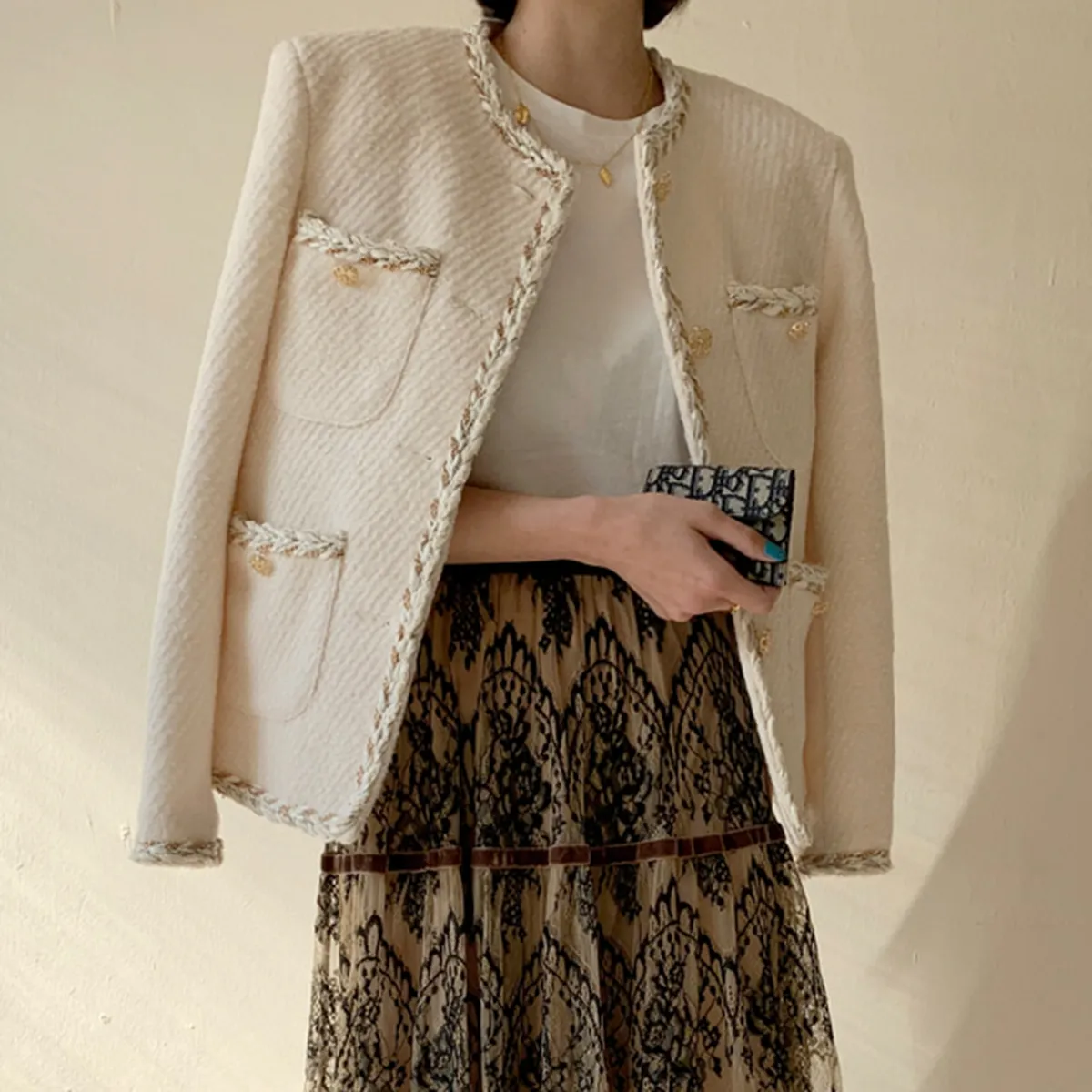 Koreańskie eleganckie damskie jesienne zimowe wełniana kurtka płaszcza kobiet samotna marka marki OWARY Fashion Streetwear Tweed Jacket 201210