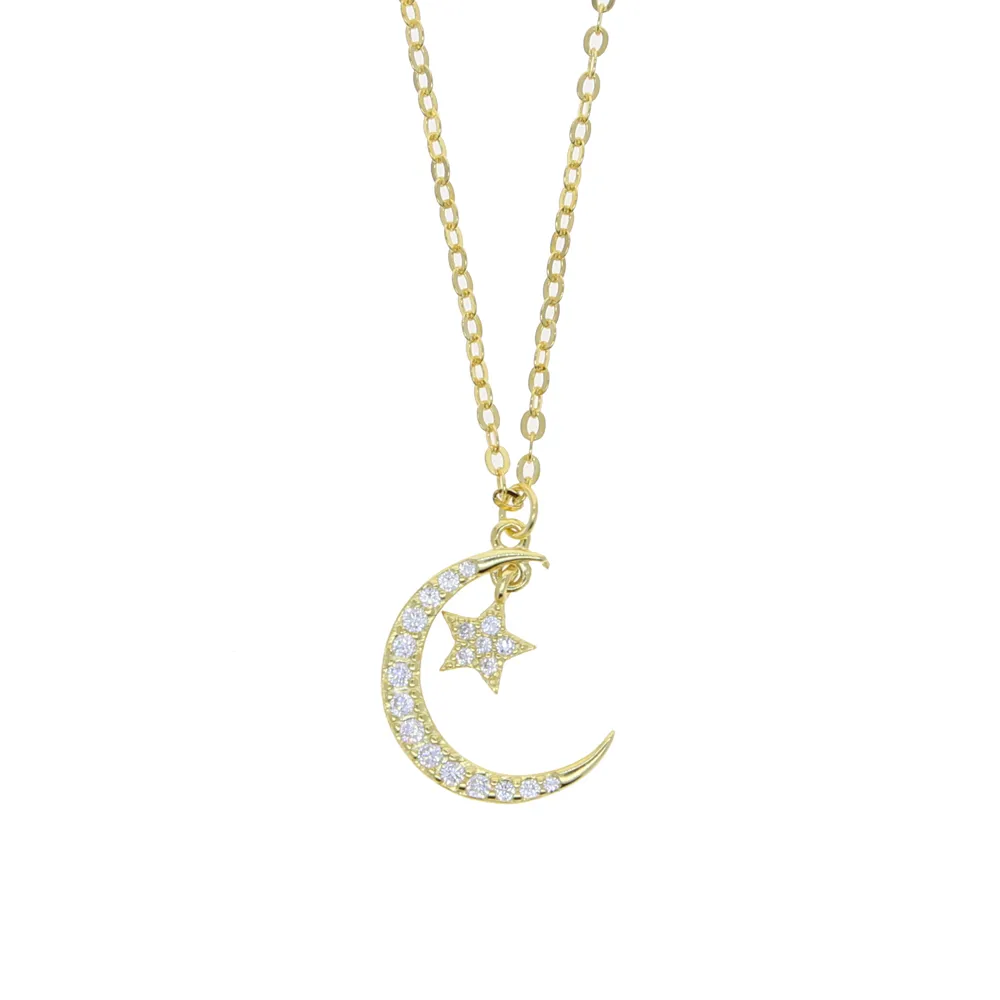 100% 925 Sterling Silver Christmas Gift CZ Paved Cute Lovely Moon Star Charm Delicate Silver Necklace234e