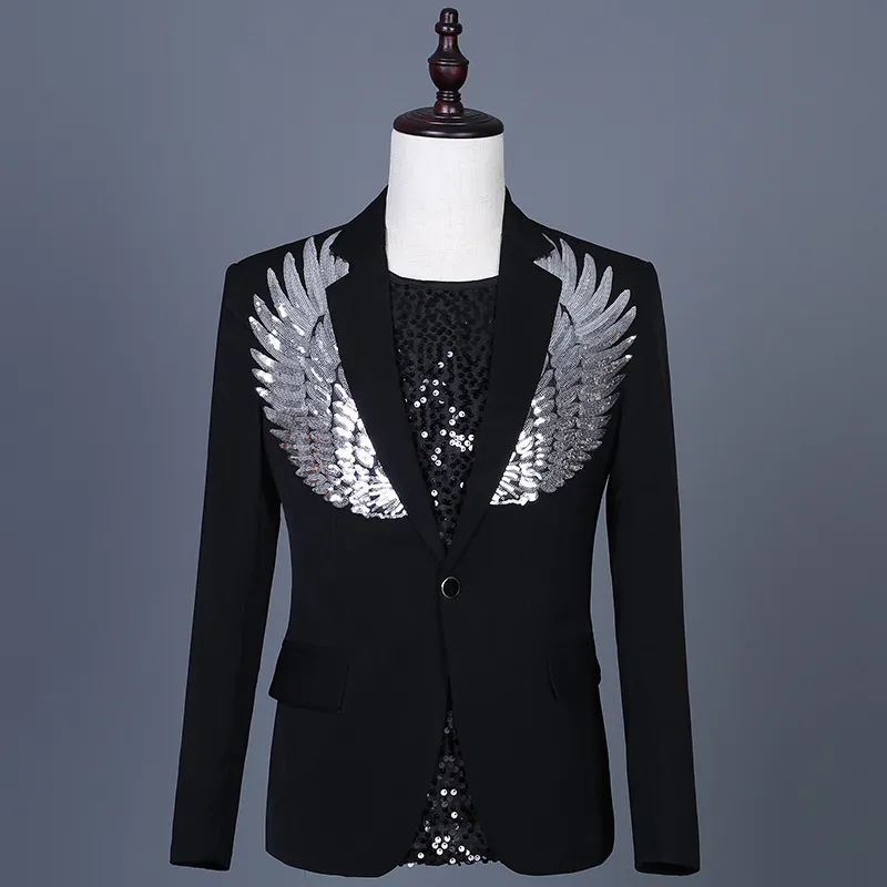 Veste décontractée avec ailes pailletées, Blazer noir pour hommes, Costume de mariage Slim pour marié, Costume de scène en boîte de nuit, 220310