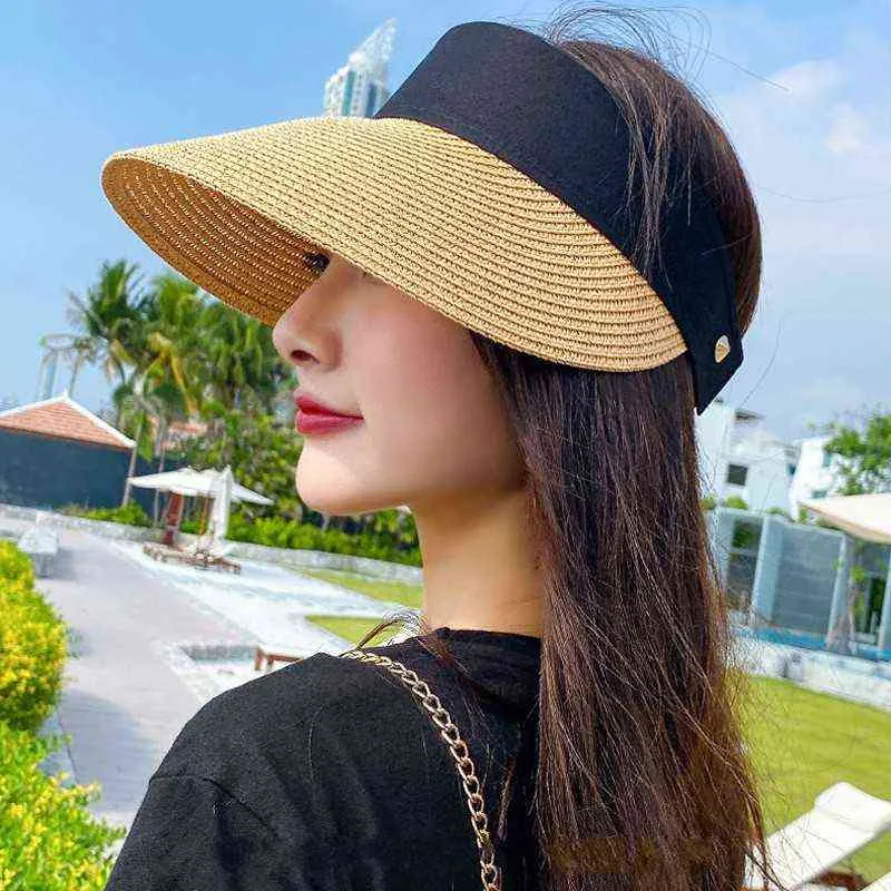 Sommar tom topp solkap bärbar vikbar magisk roll-up strand hatt bred brim kvinnor sol hatt avslappnad halm keps visare g220301