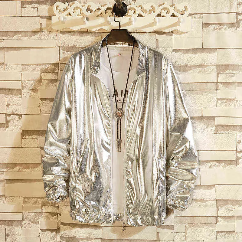 Mens Windbreaker Jackets Nightclub Stage Singer Costume Streetwear Harajuku Hip Hop Jacket Gold Silver Fashion Autumn Men Solid 211217