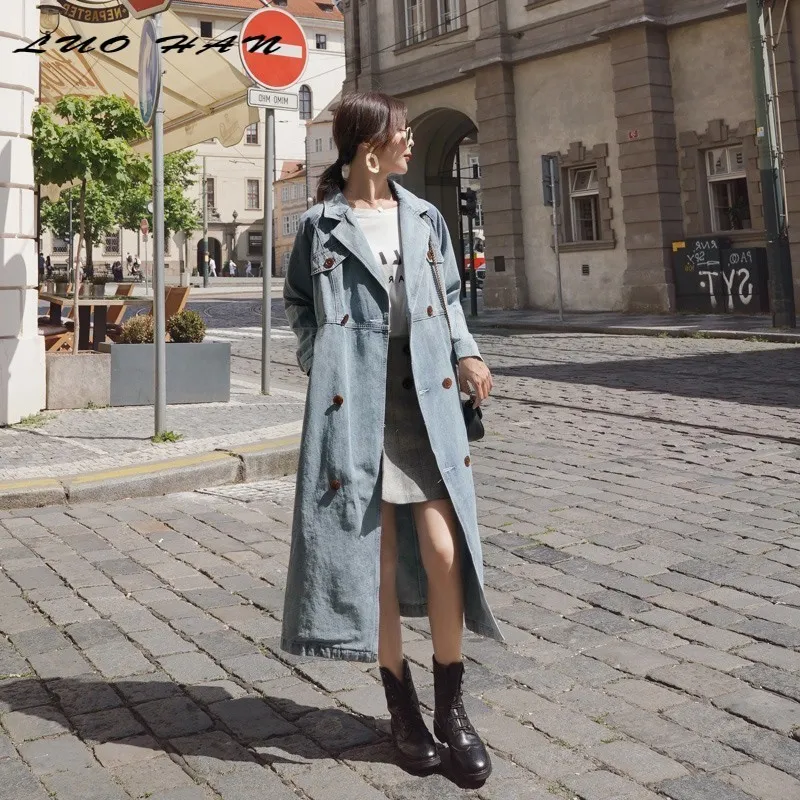 Trench coat in denim coreano autunno le donne Sashes Slim Colletto rovesciato Streetwear Jeans vintage Cappotti lunghi Outwear Giacca a vento T200828