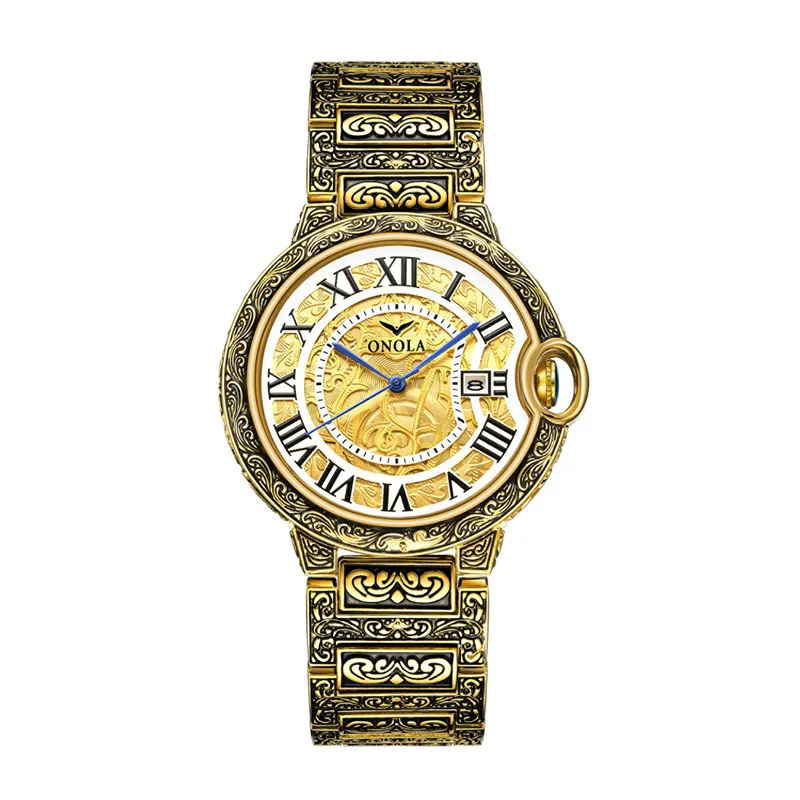 Vine Classic Classic Moda Hot Moda Retro Mens Largue Placa Gold Watch Aço relógio Mens Gold Watch9395788