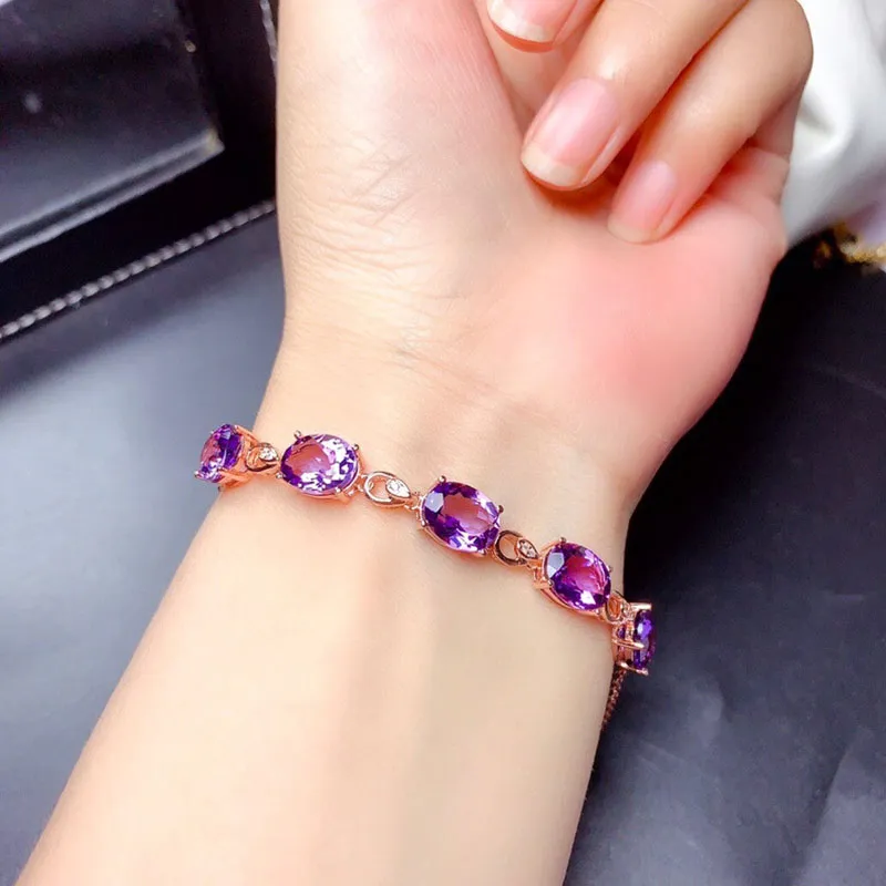 Nueva Moda Amatista 18k Rose Gold Color Treasure Luxury Purple Crystal Gemstone Pulsera para Mujeres Fine Joyería Regalos de Navidad