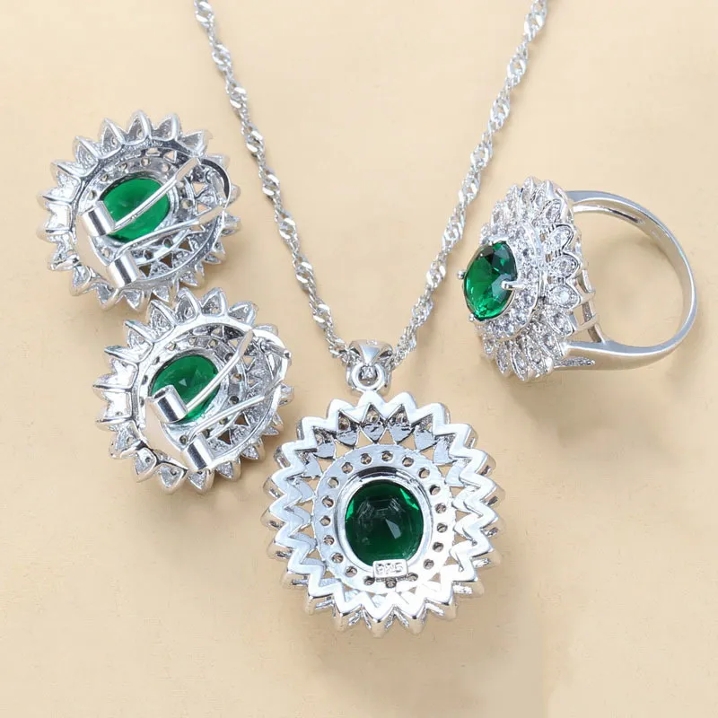 Ensembles de bijoux luxueux en argent 925 pour mariée de Dubaï, boucles d'oreilles en forme de tournesol, zircon cubique vert, collier, bracelet et bagues 220210239x