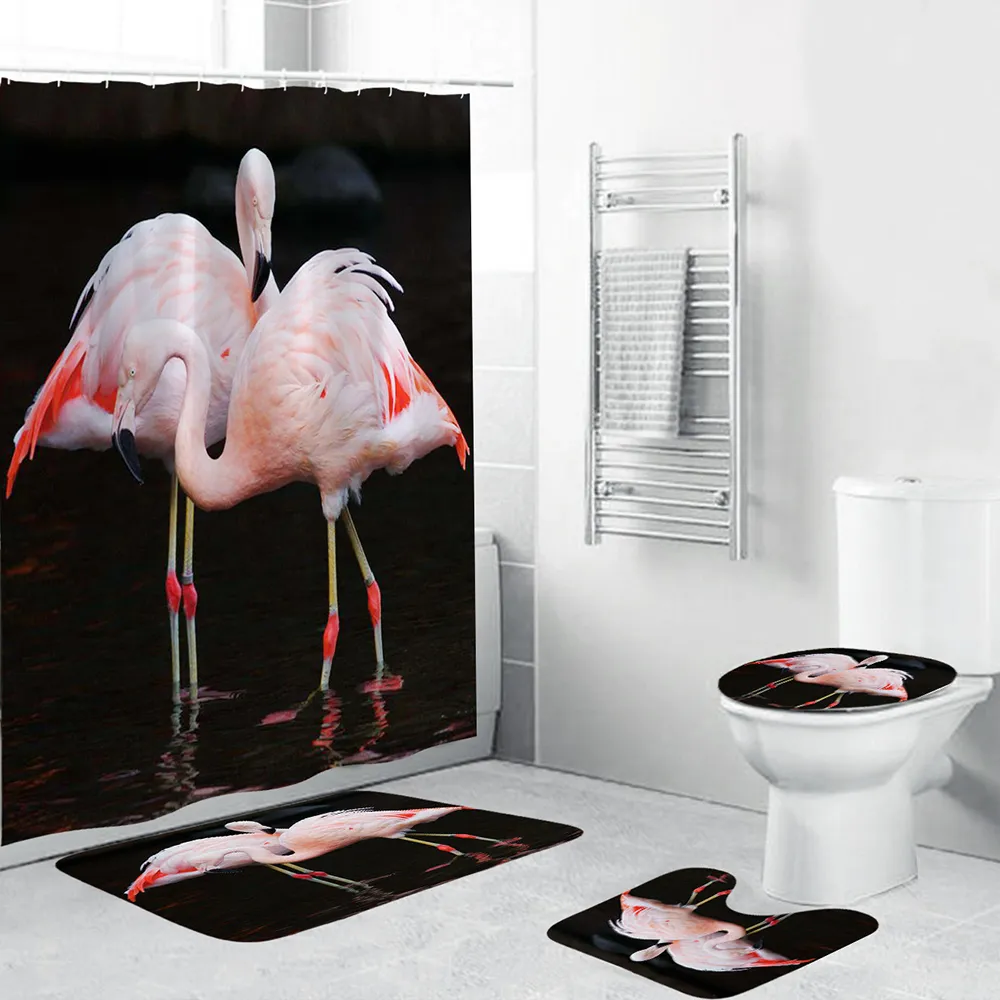 Flamingo Drukuj Wodoodporna Kurtyna Prysznicowa Tkanina Poliestrowa do łazienki Decor Set Soft Toaleta Mata Pad T200711