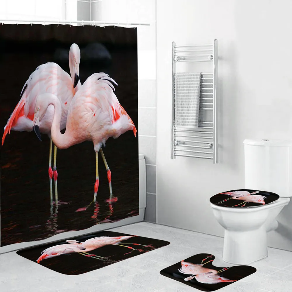 Flamingo Print Waterproof Shower Curtain Polyester Fabric For Bathroom Decor Set Soft Toilet Mat Pad T200711