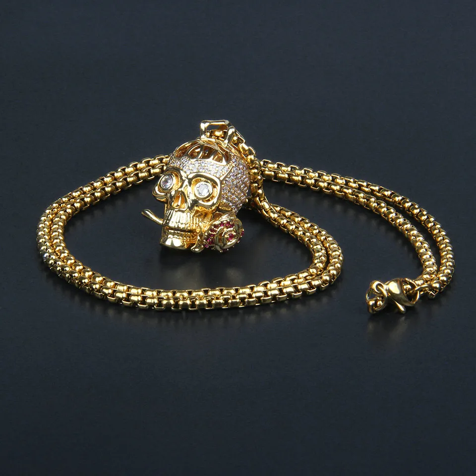 Clear CZ Rose Skull Necklace Fashion Rostfritt stål smycken gåva hänge metall länk kedja parti män 26x21mm227q