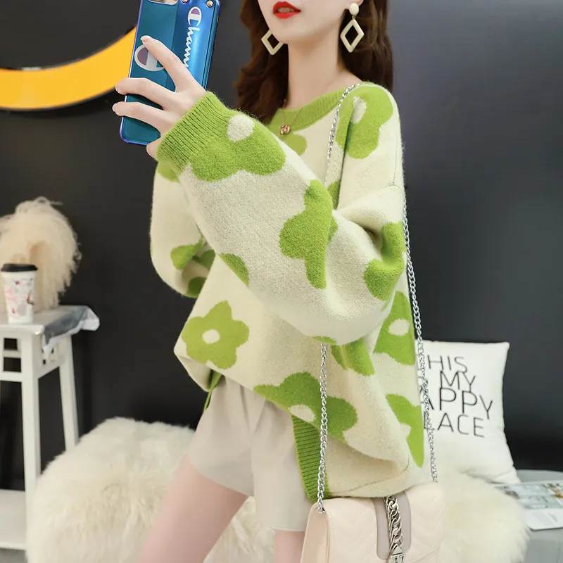 한국 스타일 여성 가을 ​​봄 스웨터 느슨한 인쇄 니트 점퍼 여성 O 넥 대형 캐주얼 풀오버 여성 탑 210203
