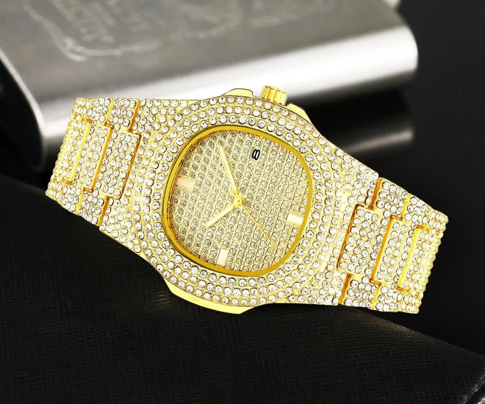 Mode Iced Out Horloge Mannen Diamant Staal Hip Hop Heren Horloges Topmerk Luxe Gouden Klok reloj hombre relogio masculino 2104072485