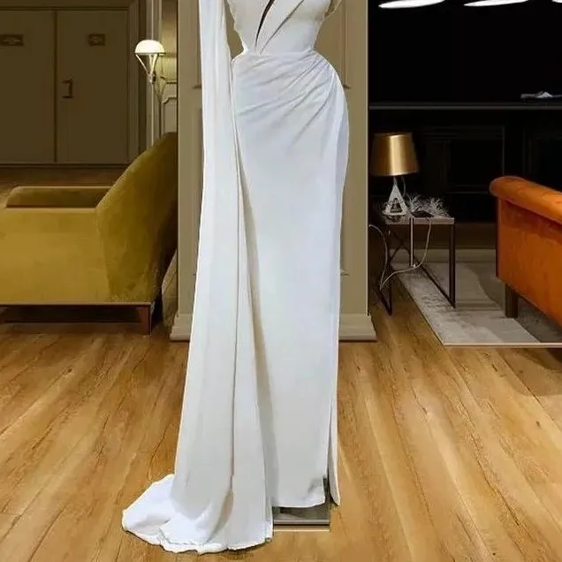 Vestidos de noche modernos blancos largos 2021 Un hombro árabe Aso Ebi Vestidos de fiesta de graduación formales Pliegues de satén batas de caftán abaya duba302m