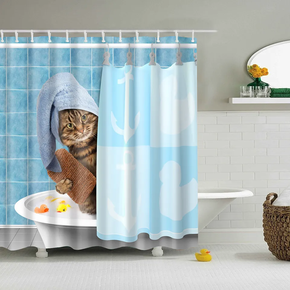 Högkvalitativa äventyr av unicorn och katt tryckta dusch gardiner badprodukter badrum inredning med krokar Vattentät T200624