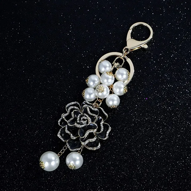 Nueva moda ins diseñador de lujo bonita flor de Camelia mutli perlas borla bolso dijes llaveros para mujeres niñas 214p