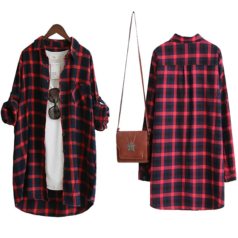 Vogorsean Cotton Women Blouse Shirt Plaid 2020ルーズカジュアル格子模様の長袖大きなサイズトップレディースブラウスレッドグリーンLJ200813