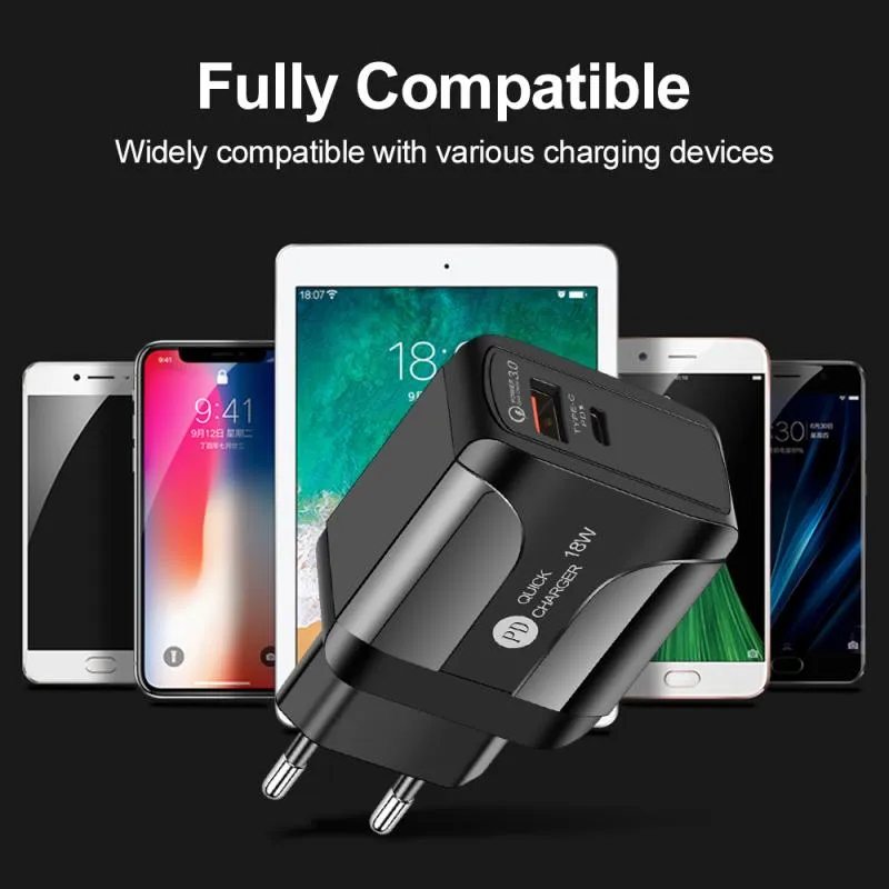 USB PD 18 واط شحن سريع 3A QC 3.0 شواحن الهاتف المحمول USB نوع C مخرجات 2 في 1 مهايئ مصدر طاقة مناسب لمقبس الاتحاد الأوروبي والولايات المتحدة والمملكة المتحدة