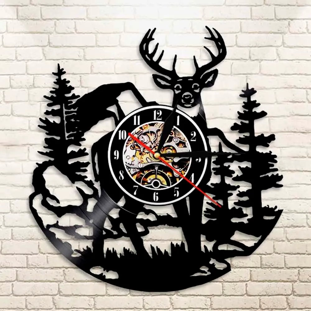 Vidoeiro árvore floresta cervos parede arte woodlands fanfarrão decoração de parede vinil relógio relógio de relógio homem clube animal vintage relógio de parede 201188