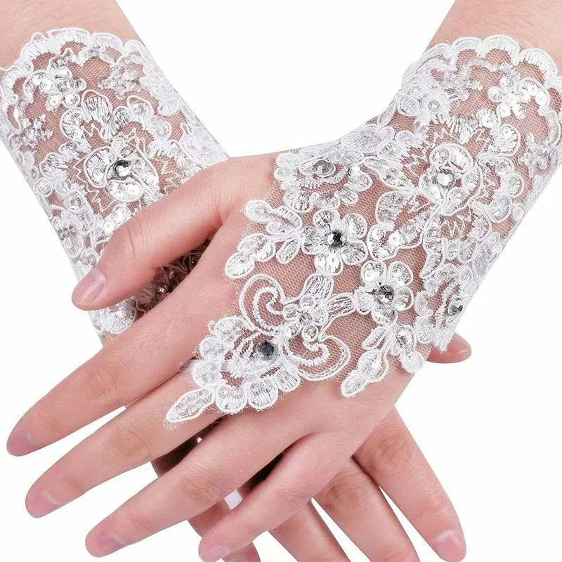 Lace Bridal Gloves Fingerless Ribbon Beads Short Wedding Gloves Rhinestone Party Opera Dance Accessories234s