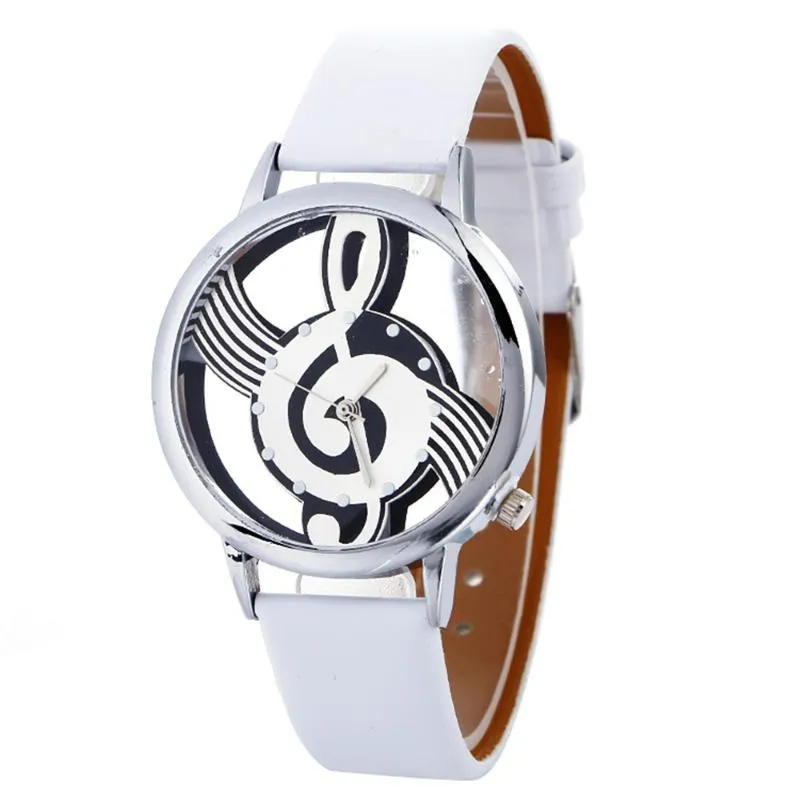 Armbanduhren Damen-Armbanduhren, einfach, lässig, Gravur, hohl, stilvoll, Musiknote, bemaltes Lederarmband, Uhren1292q
