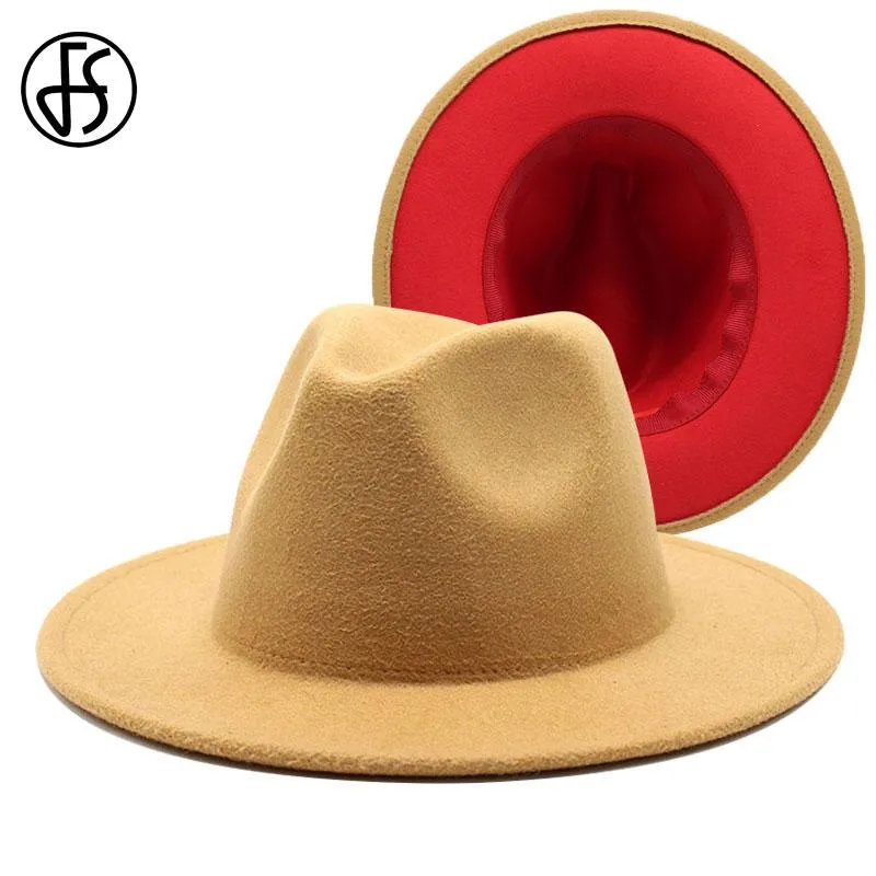 FS 61 cm Gray Red Patchwork Wool Feel Jazz Fedora Hats for Women Unitex Wide Brim Phip Party Trilby Cowboy Cap Men Gentleman255h