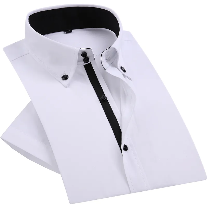 Été Smart Casual Diamond Boutons Hommes Robe Chemise Blanc À Manches Courtes De Luxe Col Haut Slim Fit Élégant Business Blouse 201120