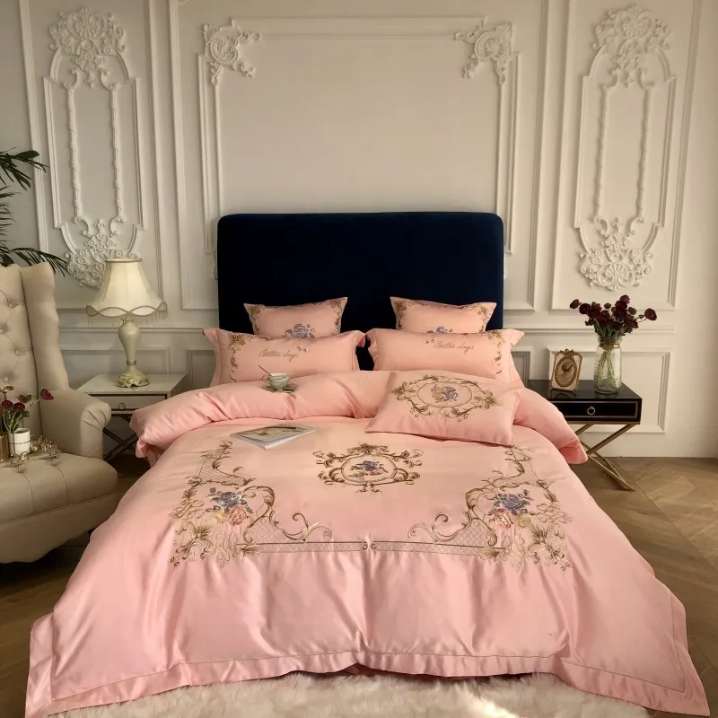 King Queen Size Comforter Cover FlatFitted Bed Sheet set Gray White Chic Embroidery Luxury Faux Silk Cotton Bedding Sets 2019981972