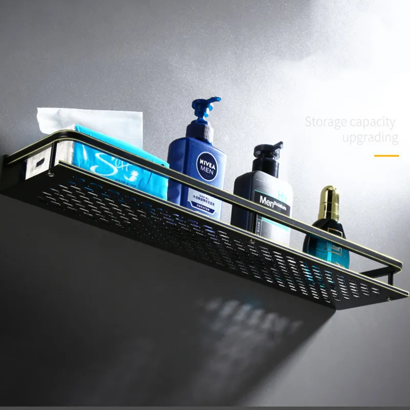 Badkamer plank zwarte aluminium wallmounted vierkante shampoo cosmetische planken keukennetten opslagrek organizer y200407