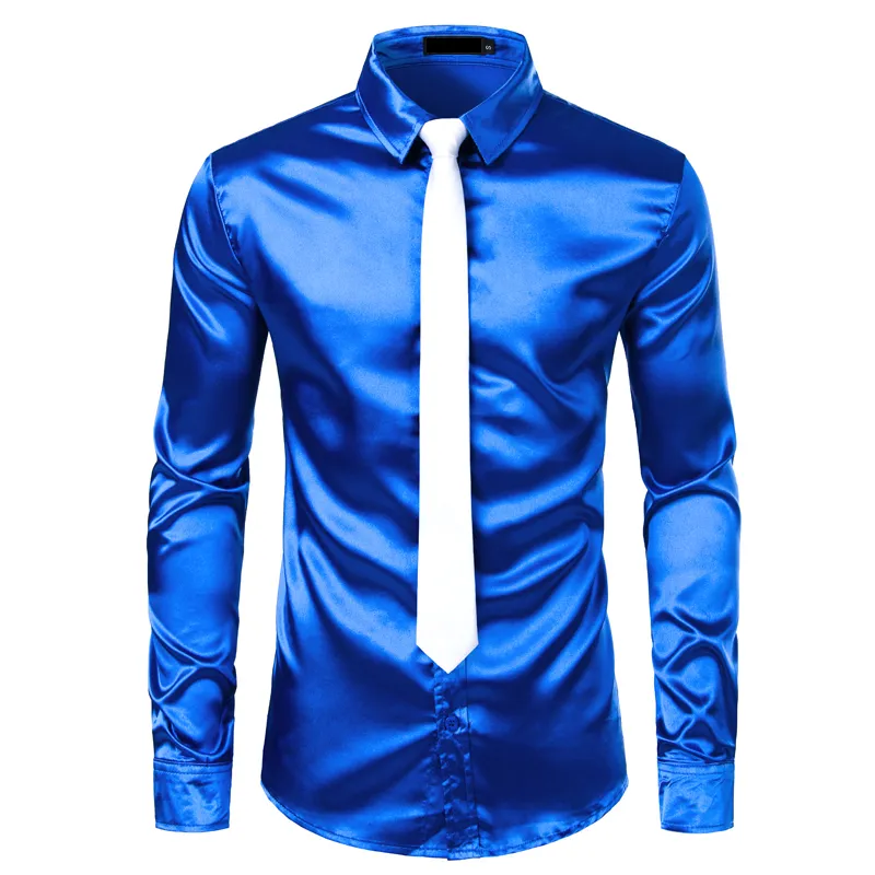 2 stücke Silber Seide Hemd + Krawatte Herren Satin Glatte Smoking Hemden Casual Button Down Männer Kleid Shirts Hochzeit party Prom Chemise Homme Y200408