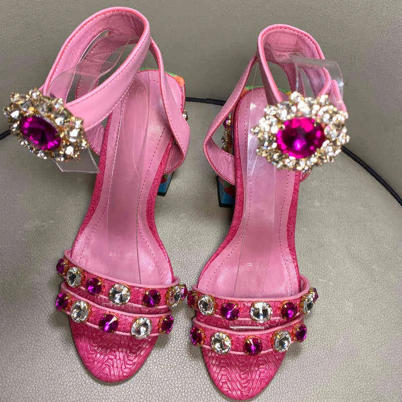 Sandales roses pour filles, talons hauts et bijoux arc-en-ciel, chaussures d'allée et brides de cheville, mariage, chaussures de créateurs d'été