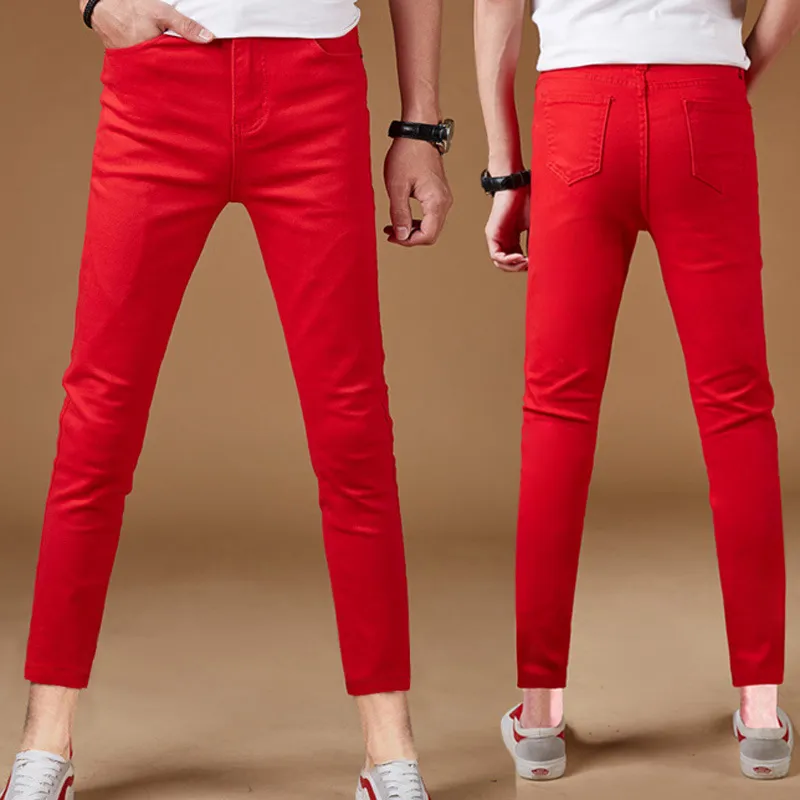Jeans skinny uomo primavera autunno moda strada pantaloni sottili a matita pantaloni elasticizzati pantaloni coreani casual rossi adolescenti 201111