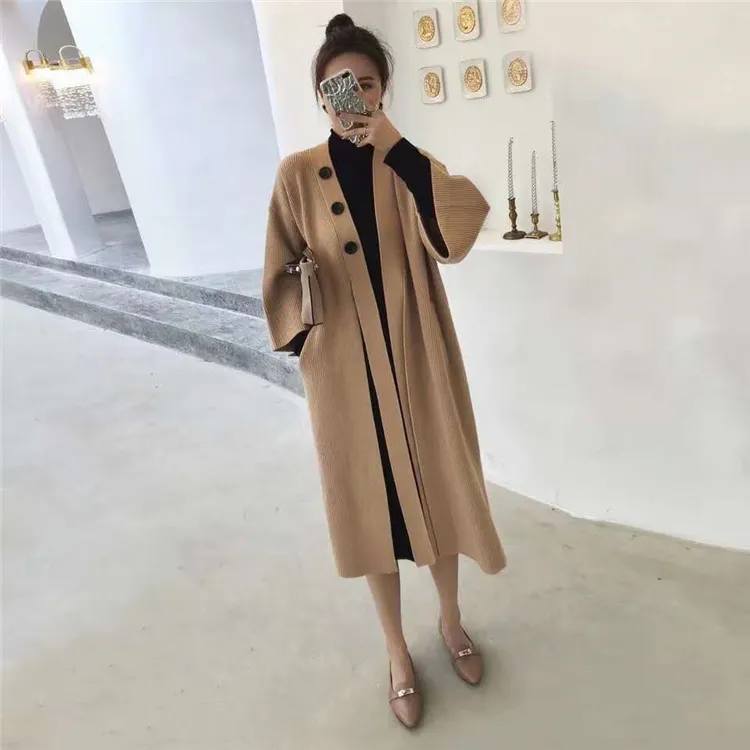 Colorfaith New Autumn Winter Women Sensters Knitting Warm Corean Style Elegant Long Long Coat Outerwear Ladies SWC8281 201113