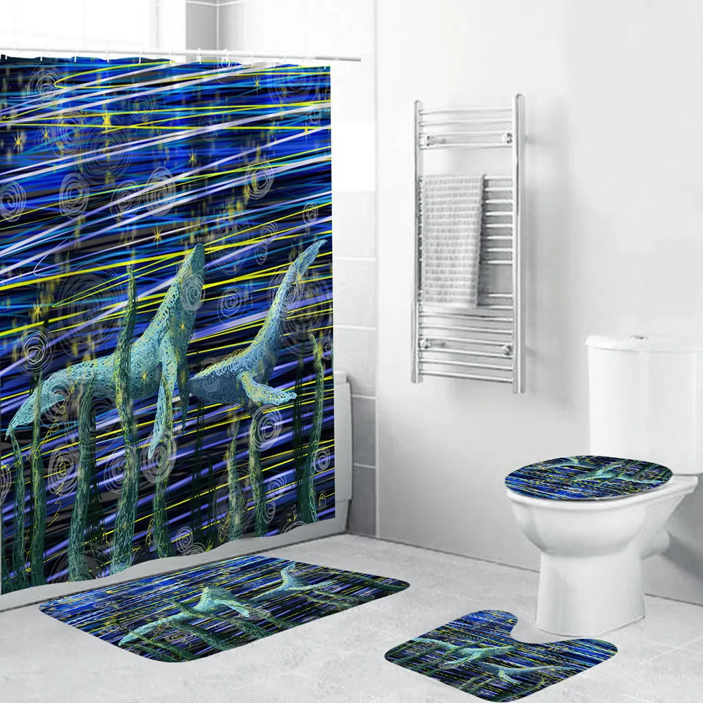 Ouneed Blue ocean world Tende da doccia set @ Antiscivolo Carino delfino Toilette Copertura in poliestere Tappetino Set Bagno Tende da doccia Y200108