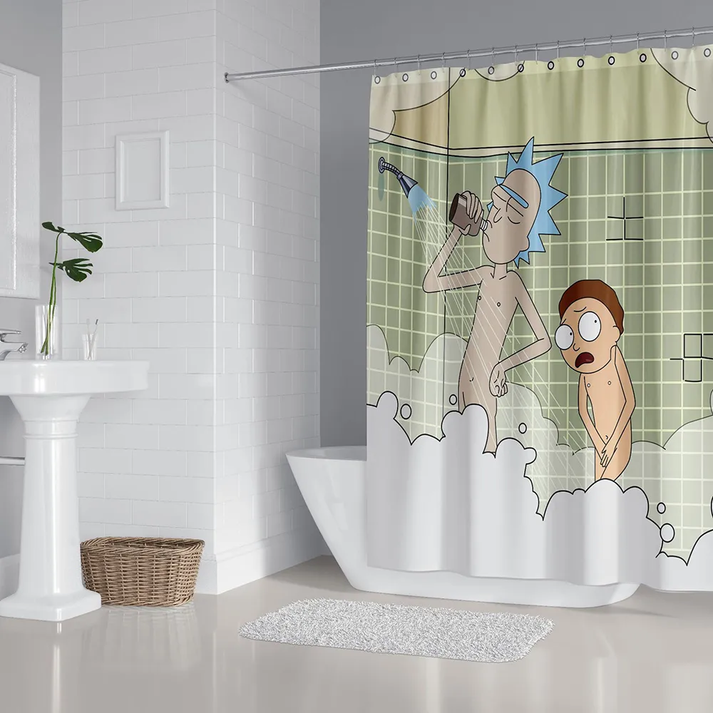 만화 재미 있은 소년 방수 샤워 커튼 카펫 커버 화장실 커버 목욕 매트 패드 4 조각 세트 욕실 장식 T200711