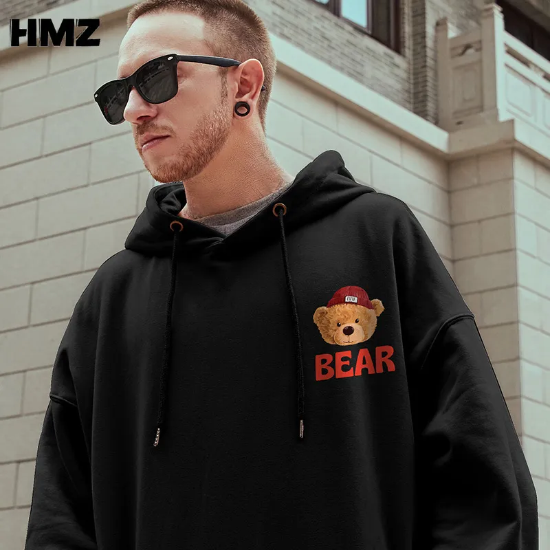 HMZ Hip Hop Streetwear Sweatshirt Hoodie Men Bear Letter Print Pullover Autumn Harajuku Cotton Casual Hooded 220215