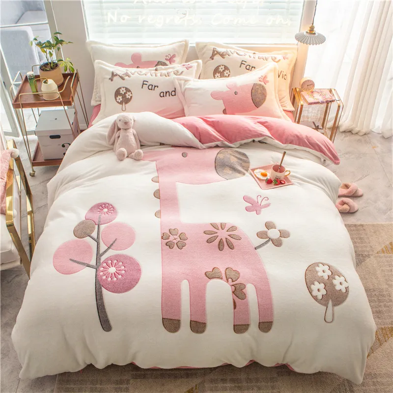 Snowflake velvet Duvet Cover Sets single Queen Size Bedding Sets Pillowcases Giraffe pig bed cover Bed Linen T200706