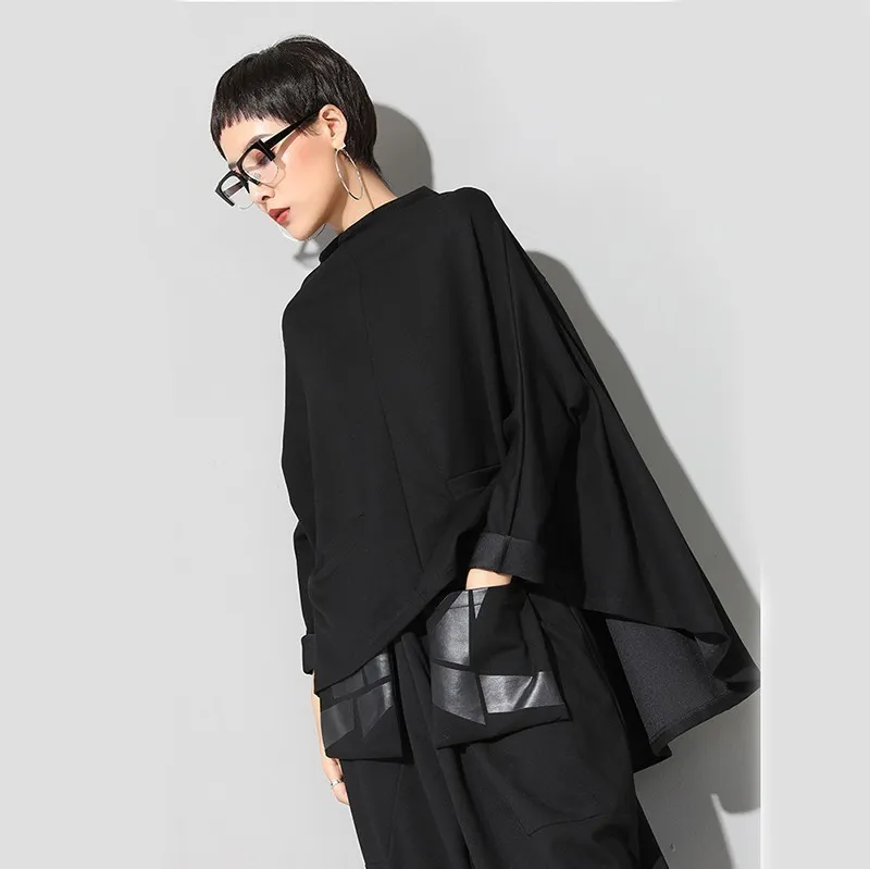 Eam bahar standı yaka uzun kollu siyah gevşek düzensiz büyük boy pelerin sweatshirt kadın moda ji949 201203