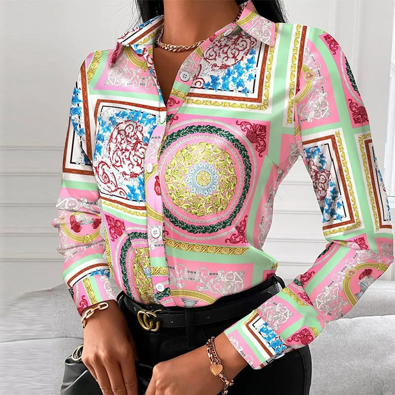 Moda Łańcuch Leopard Drukowane Lady Office Koszula Elegancka Turn-Down Collar Bluzka Przycisk Długim Rękawem Jesienne Kobiety Topy 220225
